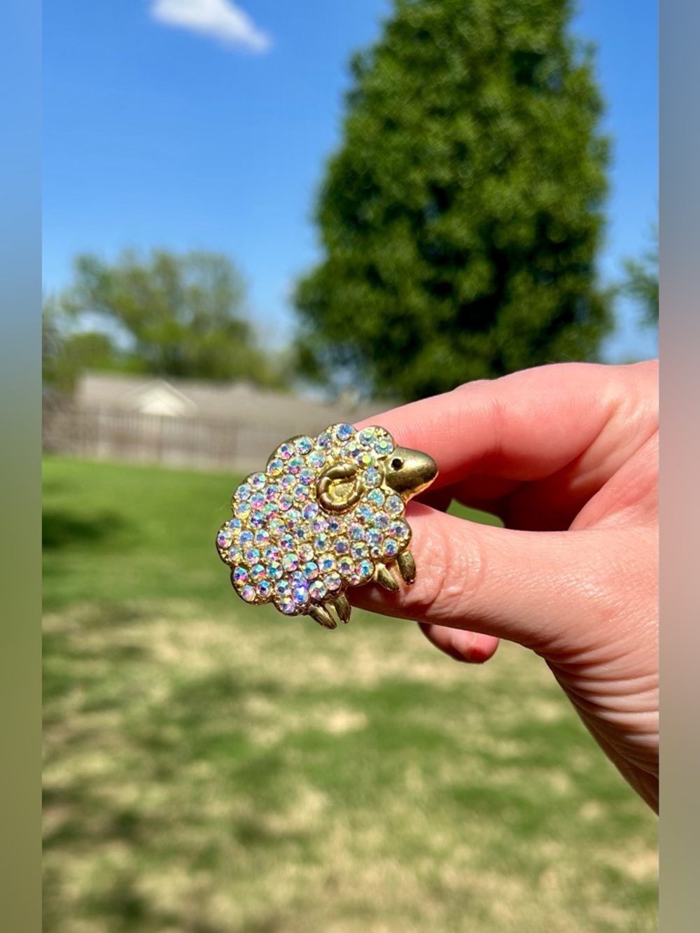 Sheep Brooch Gold & Iridescent Lamb GUC